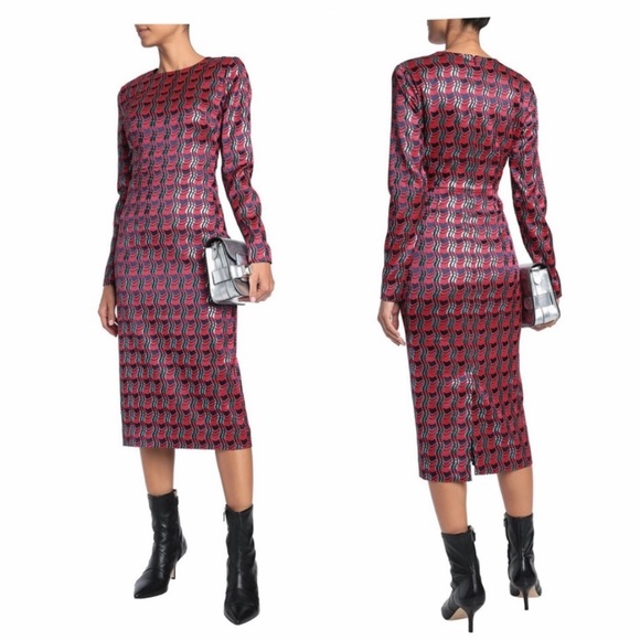 Diane Von Furstenberg Red Metallic Printed Dress Size 4 - Picture 3 of 16